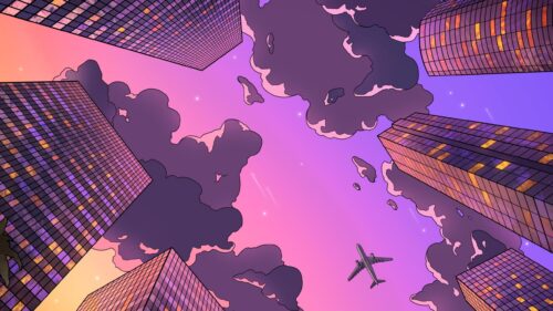 Aesthetic Cityscape with Airplane Under Purple Sunset Sky 4K Wallpaper
