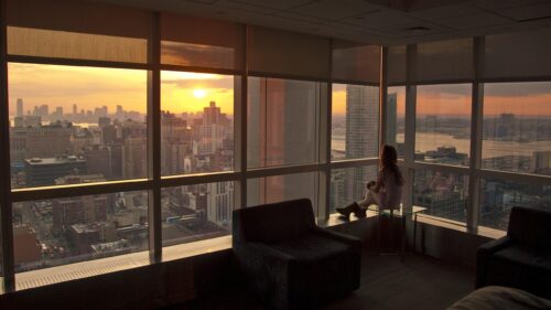 Girl Watching Sunset Over New York City Skyline Desktop Wallpaper