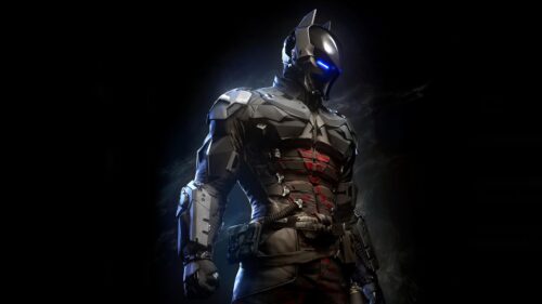Arkham Knight Tactical Armor Suit with Glowing Blue Visor 4K Wallpaper