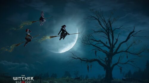 The Witcher 3 Wild Hunt Crones Flying Over The Hanged Mans Tree 4K Wallpaper