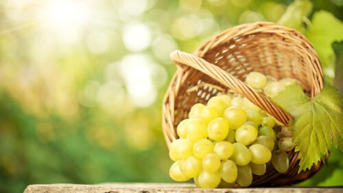 Fresh Green Grapes in Wicker Basket Sunlit Nature PC Wallpaper