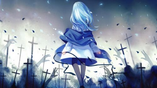 Melancholic Anime Girl Walking Through Graveyard 4K PC Wallpaper
