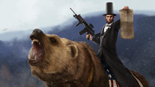 Abraham Lincoln Riding a Grizzly Bear with Rifle 4K PC Wallpaper