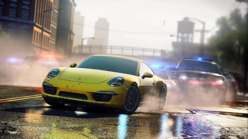 High Speed Yellow Porsche Sports Car Police Chase Desktop Wallpaper