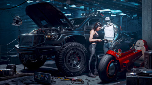 Cyberpunk Garage Mechanic Duo with Custom Off-Road Truck and Red Motorcycle PC Wallpaper