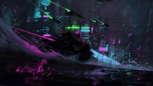 Cyberpunk Biker Drifting Through Neon City Streets 4K PC Wallpaper