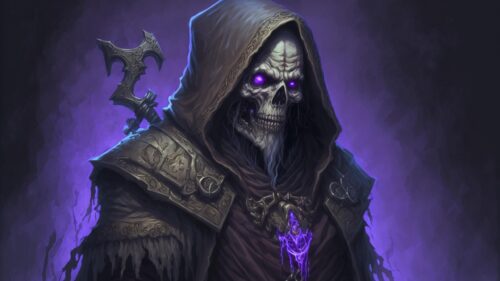 Dark Fantasy Grim Reaper with Glowing Purple Eyes Desktop Wallpaper