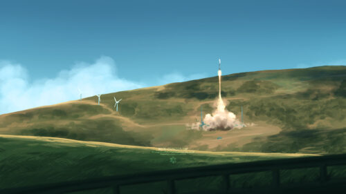 Stunning Rocket Launch Over Green Hills Landscape Desktop Wallpaper
