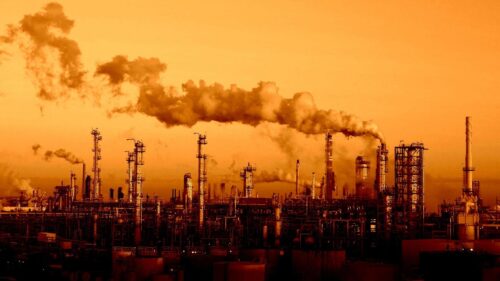 Industrial Oil Refinery Sunset Silhouette 4K Desktop Wallpaper