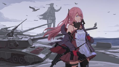 Pink Haired Anime Girl with Tank and Battle Field Scenery PC Wallpaper