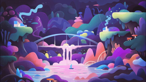 Enchanting Neon Dreamscape with Waterfall and Fantasy Hills 4K PC Wallpaper