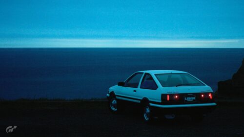 Toyota AE86 Corolla Levin Parked by the Ocean Sunset PC Wallpaper