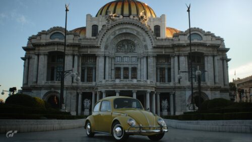 Vintage Yellow Volkswagen Beetle at Palacio de Bellas Artes Mexico City 4K Wallpaper