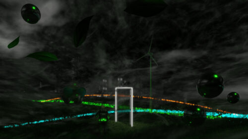 Surreal Astronaut Standing Before a Neon Portal in a Dark Landscape PC Wallpaper