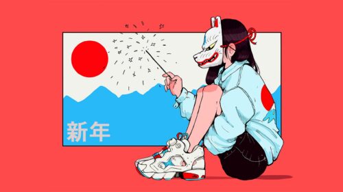 Anime Girl Wearing Kitsune Mask Celebrating New Year 4K PC Wallpaper