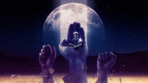 Surreal Fantasy Boy Sitting in Giant Hand Under Full Moon PC Wallpaper