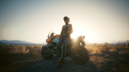 Cyberpunk Girl with Motorcycle at Sunset 4K PC Wallpaper