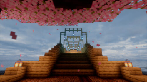 Beautiful Minecraft Cherry Blossom Bridge and Wooden Architecture PC Wallpaper