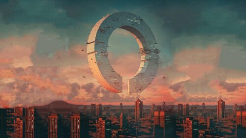 Futuristic Sci-Fi City with Floating Ring Structure 4K Wallpaper