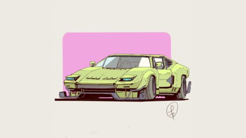 Minimalist Retro Lime Green Supercar Illustration PC Wallpaper
