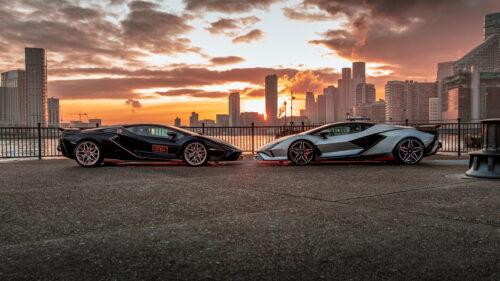 Lamborghini Sian Duo Sunset City Skyline 4K Wallpaper