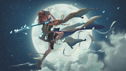 Anime Girl Warrior with Glowing Sword and Kitsune Mask 4K PC Wallpaper