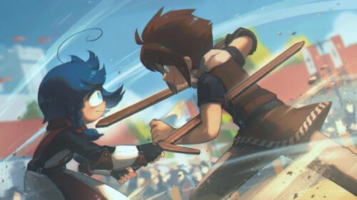 Dynamic Anime Sword Fight Between Two Warriors 4K Wallpaper