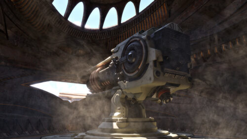 Futuristic Sci Fi Cannon in Abandoned Bunker 4K Desktop Wallpaper