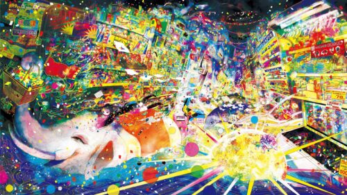 Psychedelic Anime Cityscape with Surreal Elephant and Vibrant Colors 4K Wallpaper