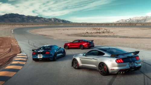 Three Ford Mustang Shelby GT500 Sports Cars on Desert Racetrack 4K Wallpaper
