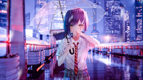 Sad Anime Girl Under Umbrella in Rainy City Night PC Wallpaper