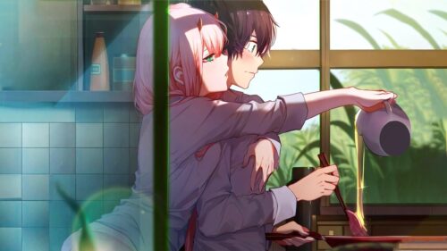Zero Two and Hiro Cooking Together Darling in the Franxx Desktop Wallpaper