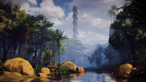 Mysterious Alien Spire in Tropical Jungle Landscape 4K Wallpaper