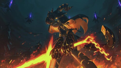 Fierce Anime Warrior with Glowing Orange Sword Dark Fantasy 4K Wallpaper
