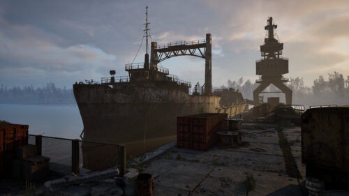 Abandoned Industrial Port with Rusty Ship at Sunset Desktop Wallpaper