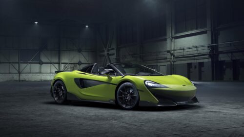 Lime Green McLaren 600LT Spider in Dark Industrial Warehouse 4K Wallpaper