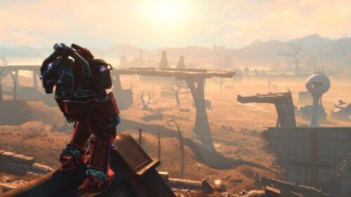 Fallout Power Armor Soldier Overlooking Post Apocalyptic Wasteland 4K Wallpaper