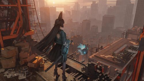 Anime Girl Overlooking a Futuristic Dystopian City Skyline PC Wallpaper