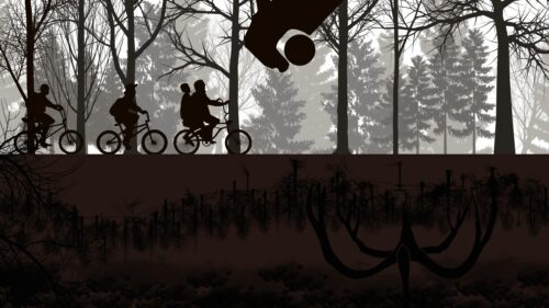 Stranger Things Kids Riding Bikes Silhouette 4K Desktop Wallpaper