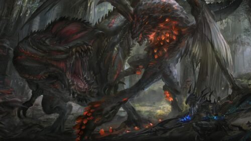 Epic Fantasy Battle with Dark Magma Dragon and Warrior PC Wallpaper