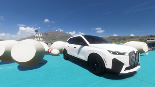 White BMW iX SUV in a Surreal Bowling Alley Landscape PC Wallpaper