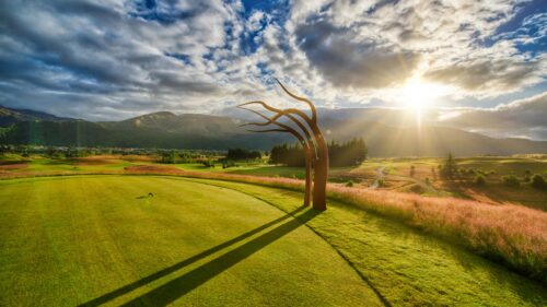 Stunning Golden Hour Landscape with Sculptural Tree and Mountains PC Wallpaper