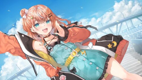 Cheerful Anime Girl with Orange Hair Streetwear Style 4K PC Wallpaper
