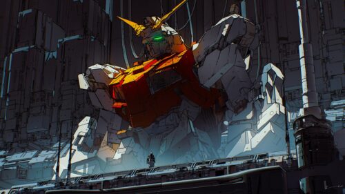 Epic Gundam Mecha Standing in Industrial Hangar 4K Wallpaper