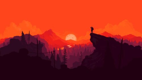 Minimalist Red Sunset Hiker Mountain Landscape PC Wallpaper