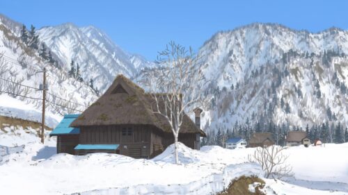 Anime Style Snowy Mountain Village Traditional House Desktop Wallpaper