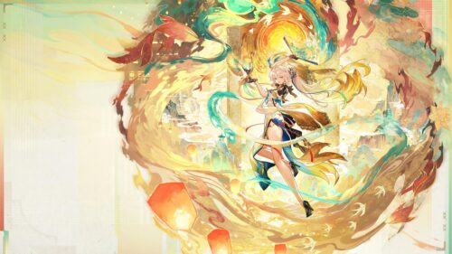 Elegant Anime Girl with Golden Phoenix Energy Desktop Wallpaper