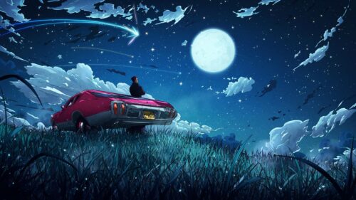 Man Leaning on Muscle Car Under Night Sky Stars PC Wallpaper