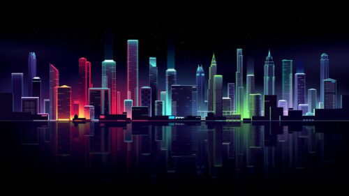 Minimalist Neon City Skyline at Night Reflection PC Wallpaper