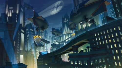 Gotham City Skyline with Bat Signal and Wayne Enterprises Airships 4K Wallpaper